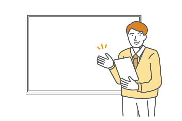 ボードの前に立ってプレゼンしている男性のイラスト