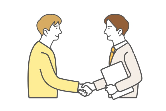 私服の男性とスーツを着た男性が握手をするイラスト