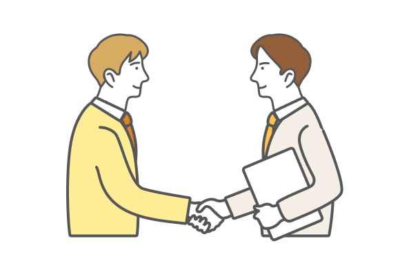 企業の方とスタッフが握手をするイラスト